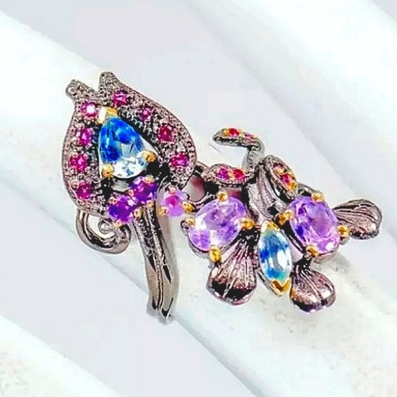 Amethyst and Blue Topaz Sterling Silver Ring 7.5 - Picture 2 of 4